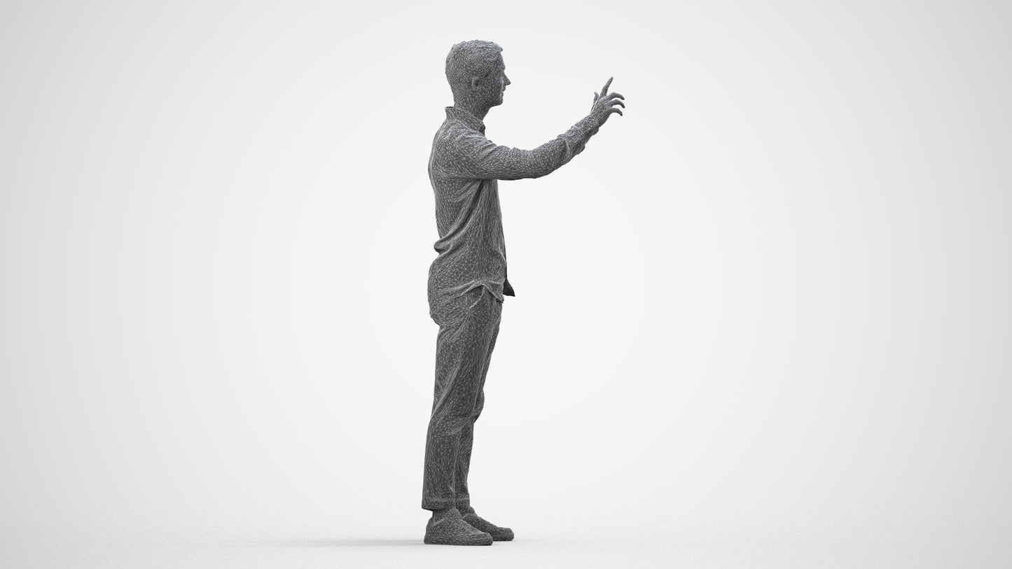 3D human model man casual standing, photogrammetry scanned person for archviz, wireframe side view
