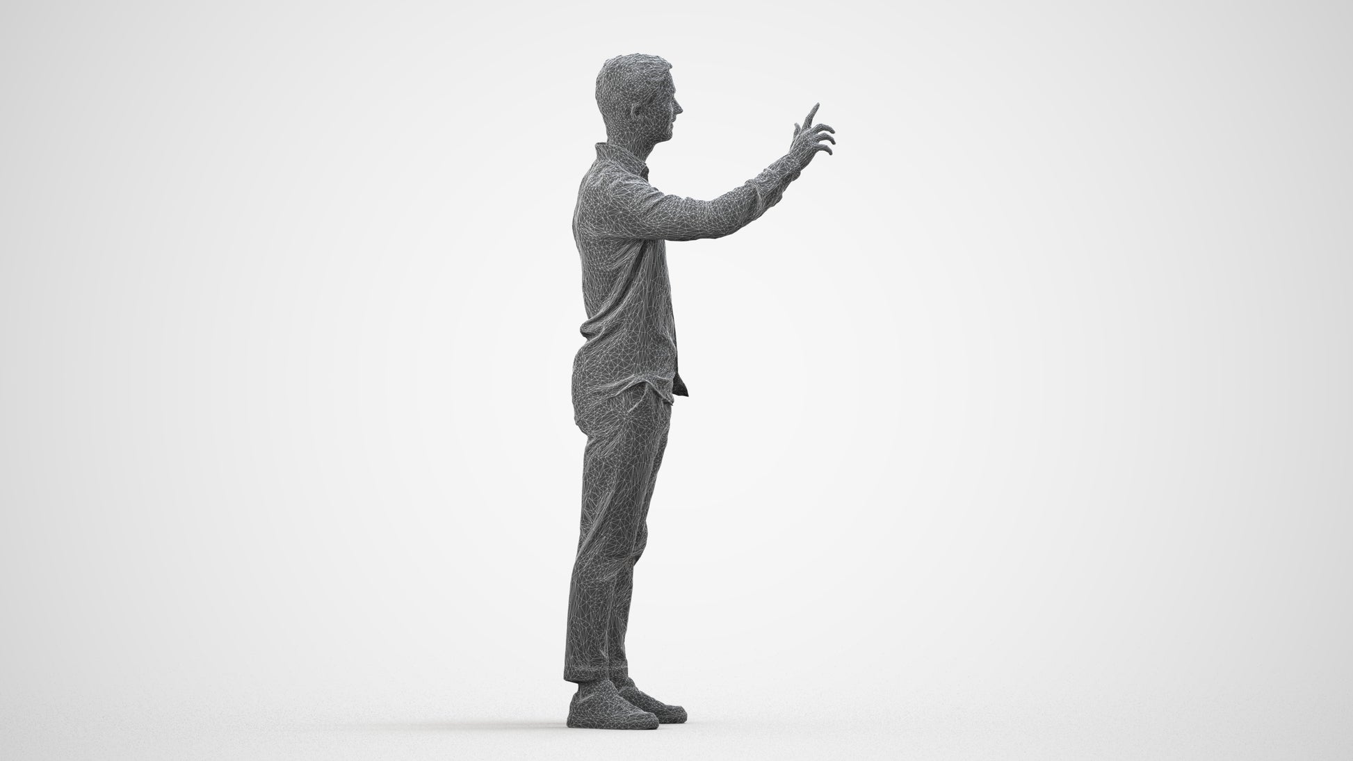 3D human model man casual standing, photogrammetry scanned person for archviz, wireframe side view