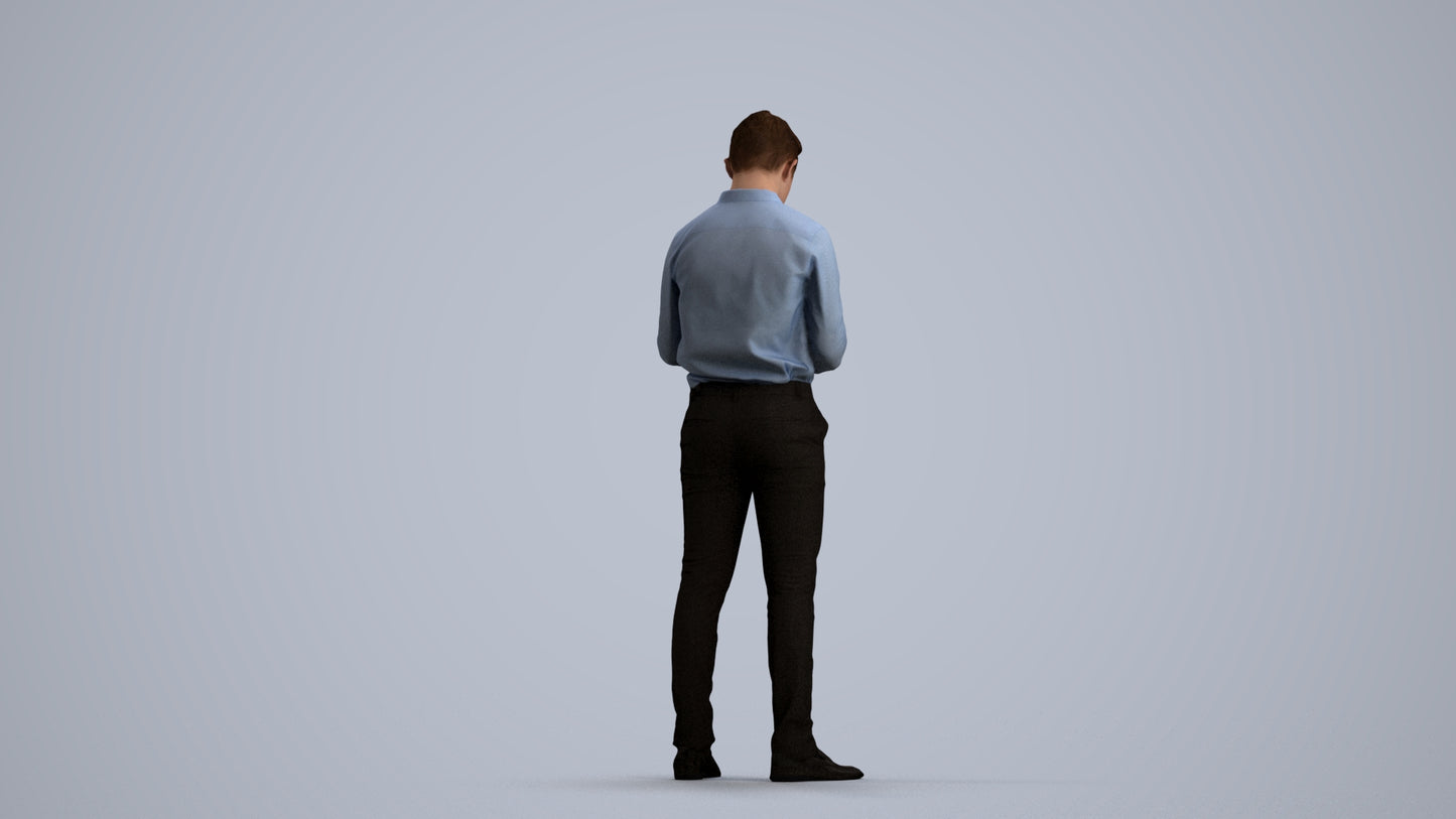 3D human model boy business kids, photogrammetry scanned person for archviz, front view render