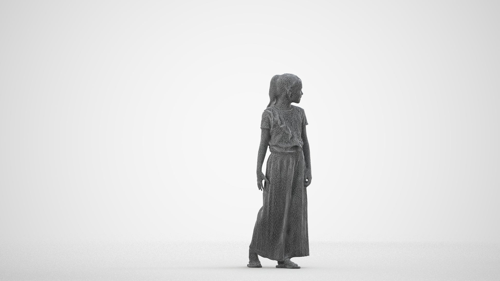 3D people model girl casual kids, scanned human for 3ds Max rendering, wireframe side view
