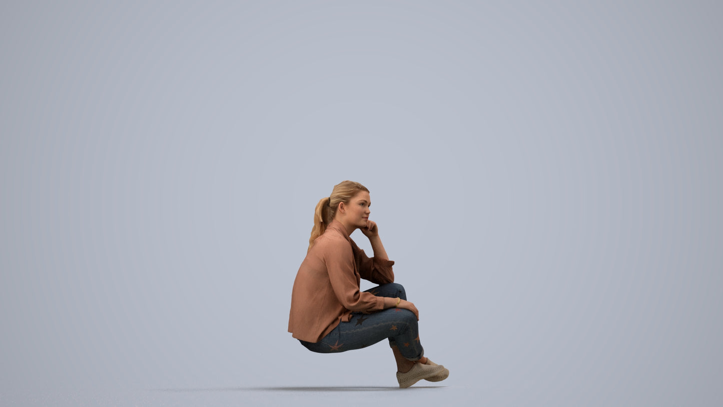 3D human model woman casual sitting, photogrammetry scanned person for archviz, side view render