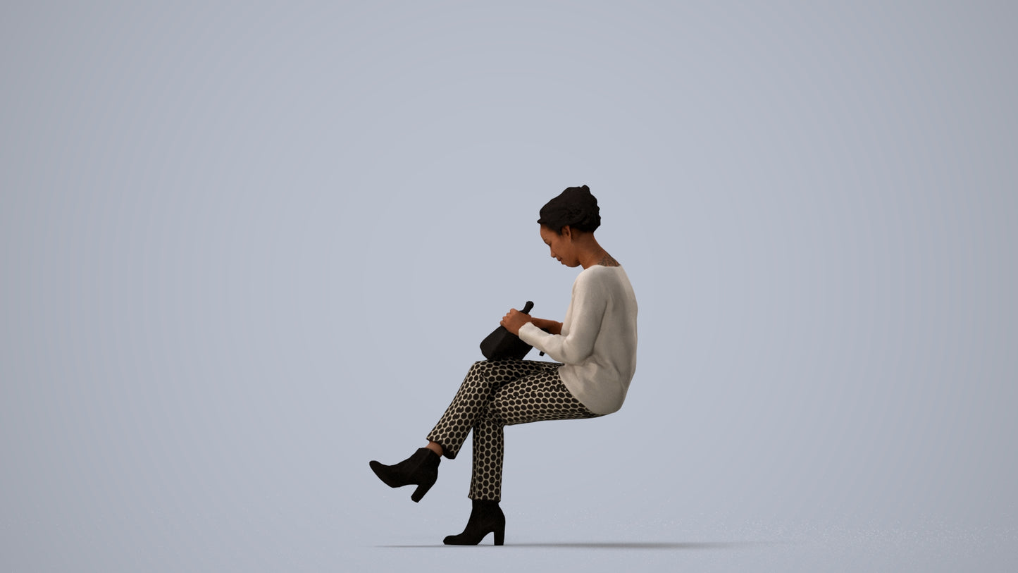 realistic 3D human woman casual sitting, archviz people FBX OBJ for Blender, three-quarter view render