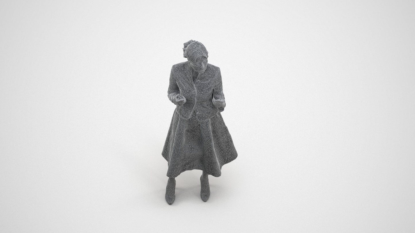realistic 3D senior woman business standing, scanned archviz people for Blender and 3ds Max, wireframe three-quarter view