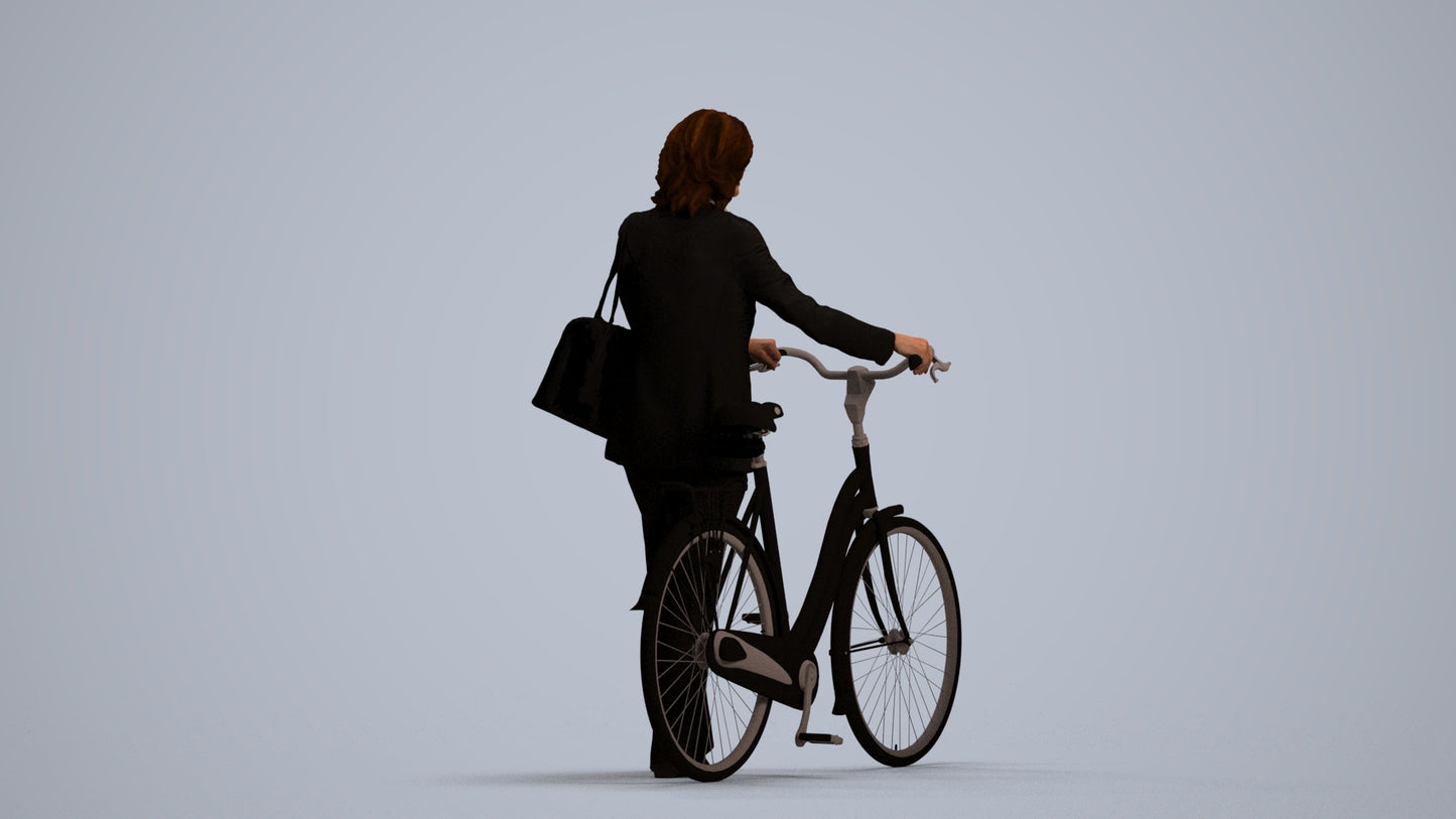 3D scanned senior woman cycling business, photorealistic archviz people for Enscape and SketchUp, front view render