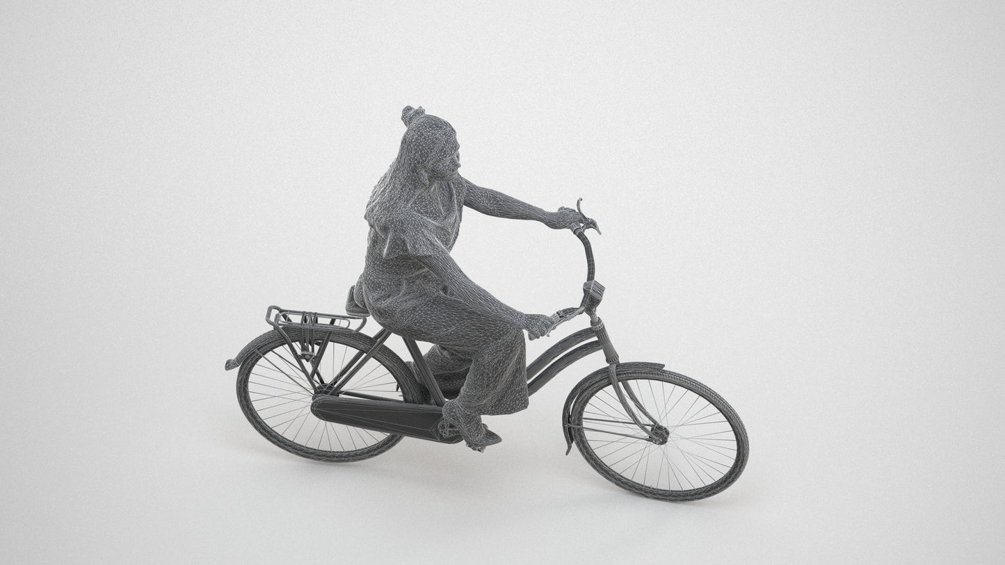 photogrammetry 3D woman casual cycling, realistic human model archviz FBX, wireframe three-quarter view