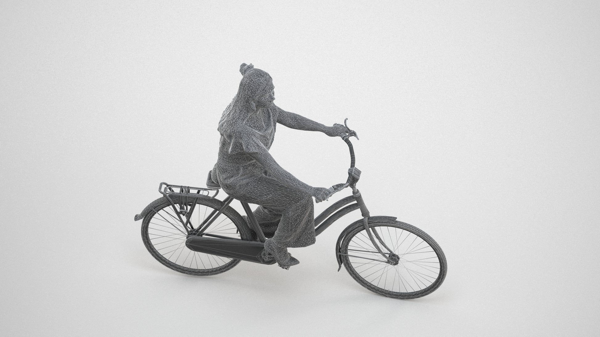 photogrammetry 3D woman casual cycling, realistic human model archviz FBX, wireframe three-quarter view