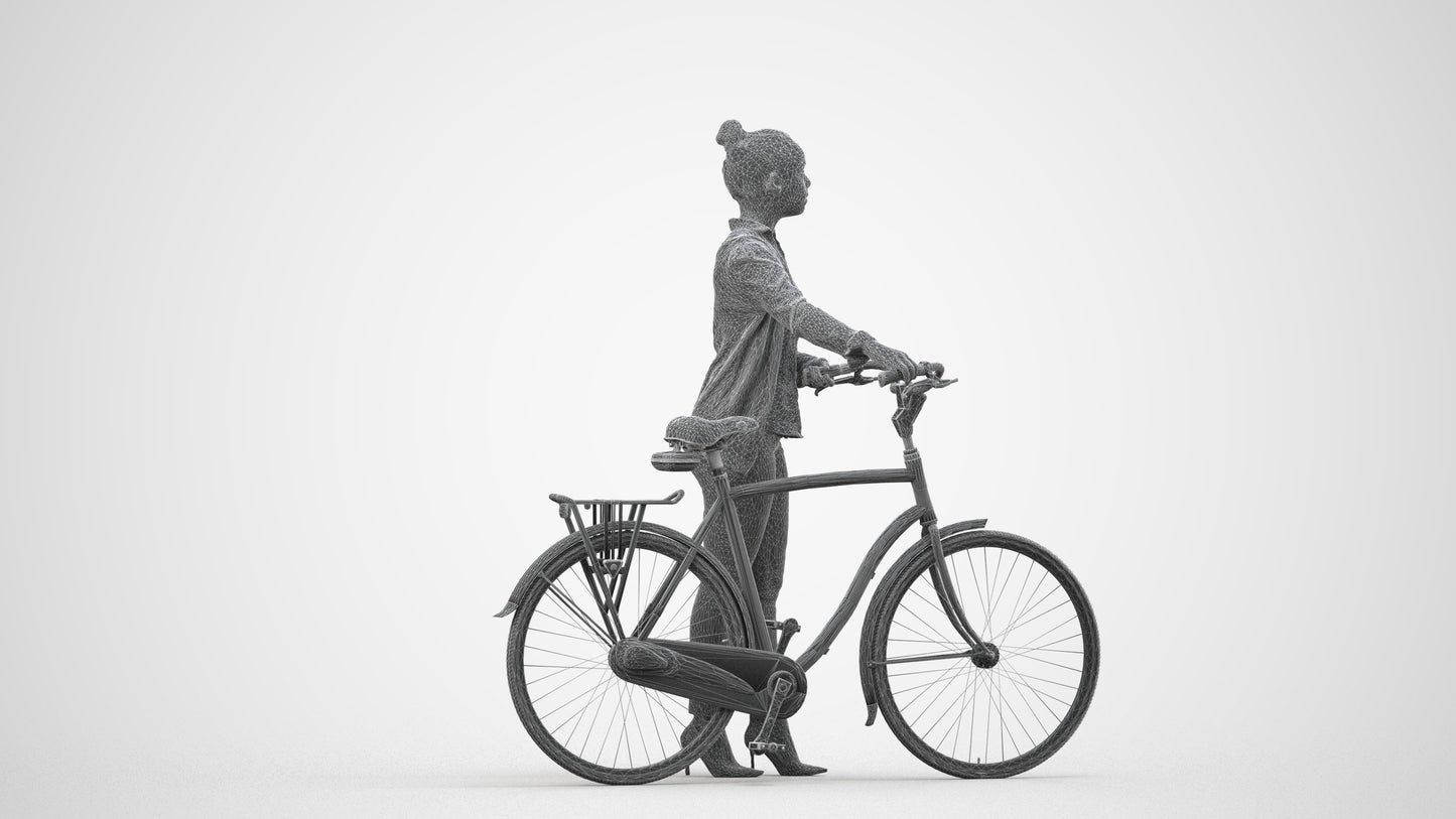 3D people model woman business cycling, scanned human for 3ds Max rendering, wireframe side view