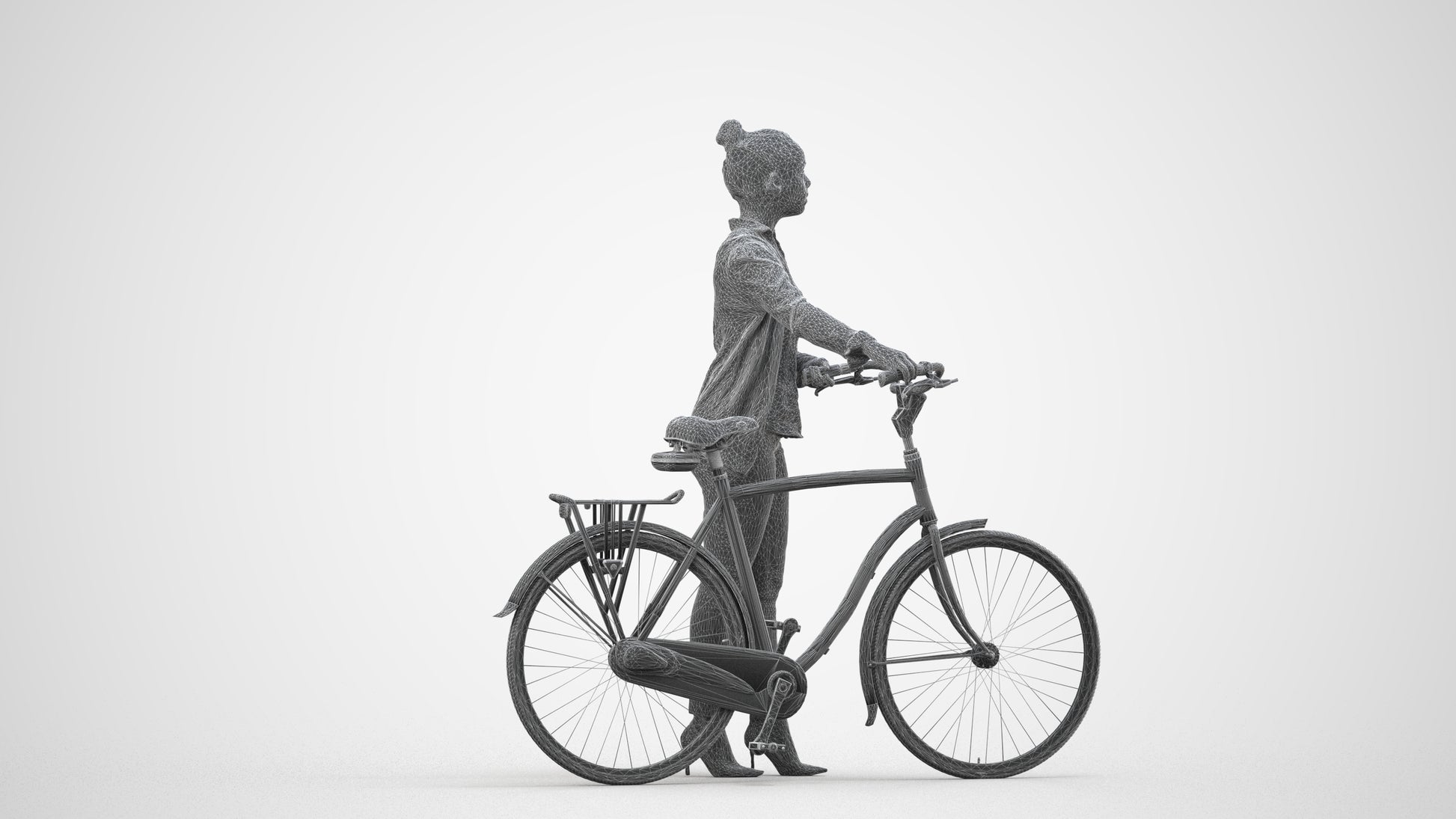 3D people model woman business cycling, scanned human for 3ds Max rendering, wireframe side view
