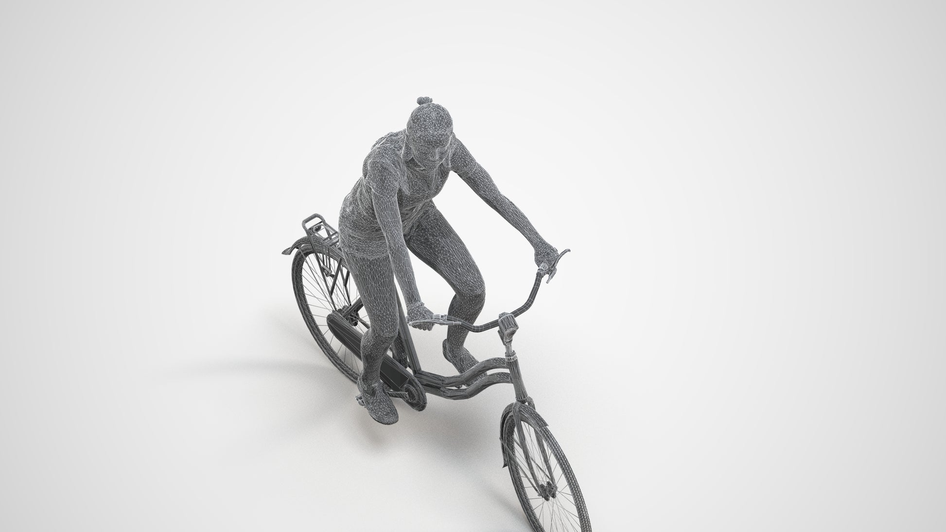 realistic 3D human girl casual cycling, archviz people FBX OBJ for Blender, wireframe three-quarter view