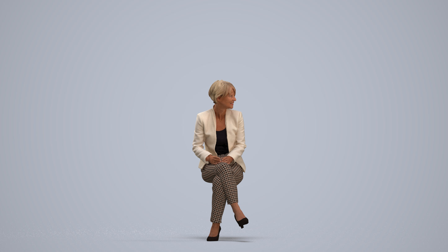 realistic 3D human senior woman business sitting, archviz people FBX OBJ for Blender, standing pose render