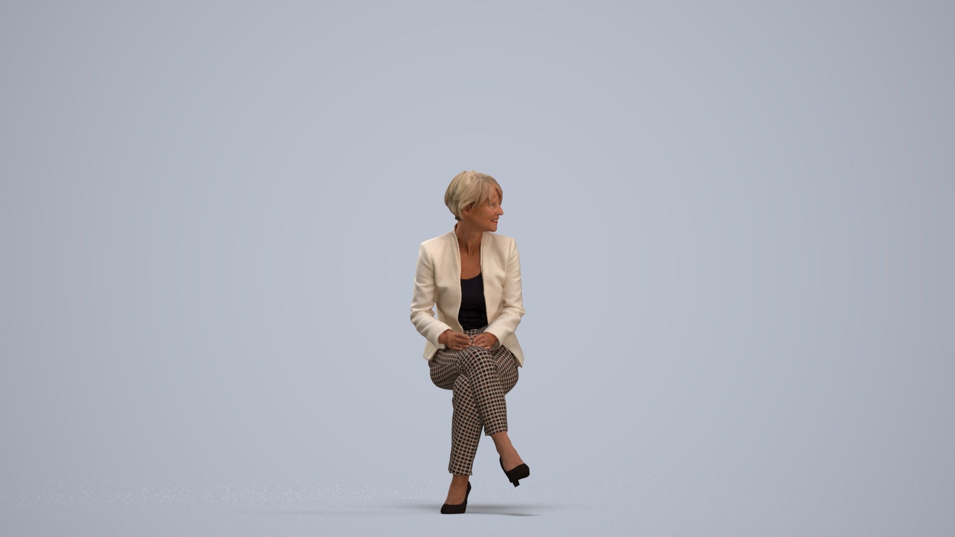 realistic 3D human senior woman business sitting, archviz people FBX OBJ for Blender, standing pose render