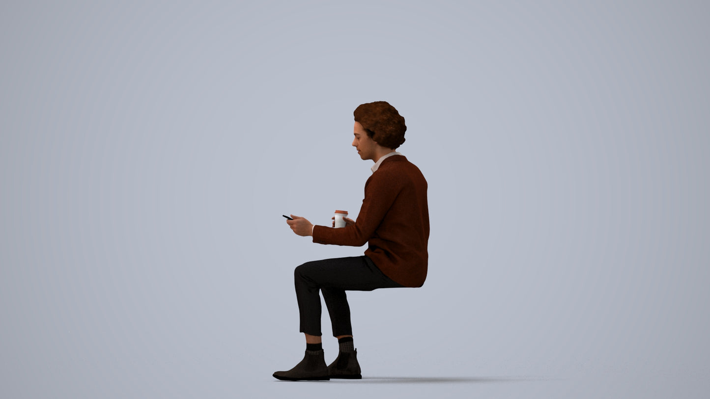realistic 3D people man business sitting, render-ready for V-Ray and Corona, FBX OBJ, three-quarter view render
