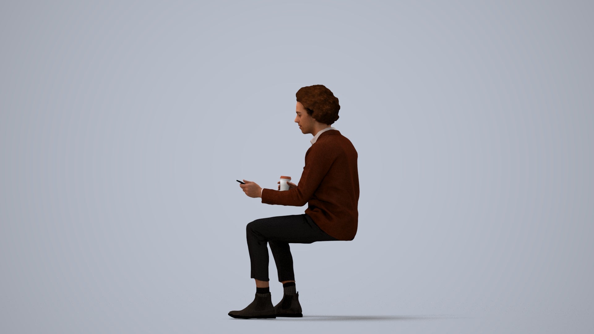 realistic 3D people man business sitting, render-ready for V-Ray and Corona, FBX OBJ, three-quarter view render