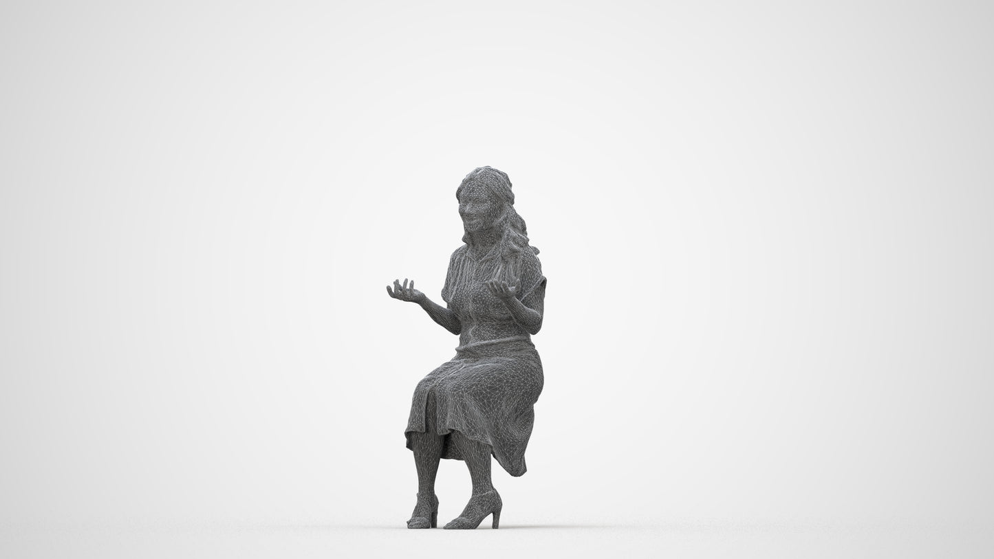 3D human model woman casual sitting, photogrammetry scanned person for archviz, wireframe back view