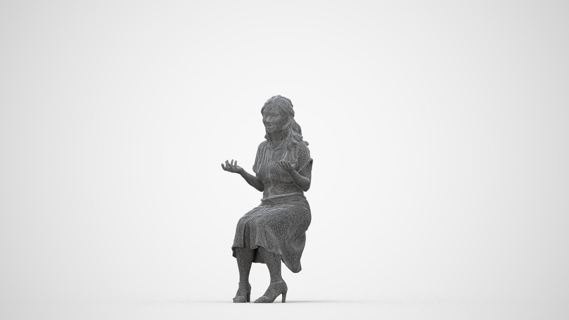 3D human model woman casual sitting, photogrammetry scanned person for archviz, wireframe back view