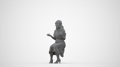 3D human model woman casual sitting, photogrammetry scanned person for archviz, wireframe back view