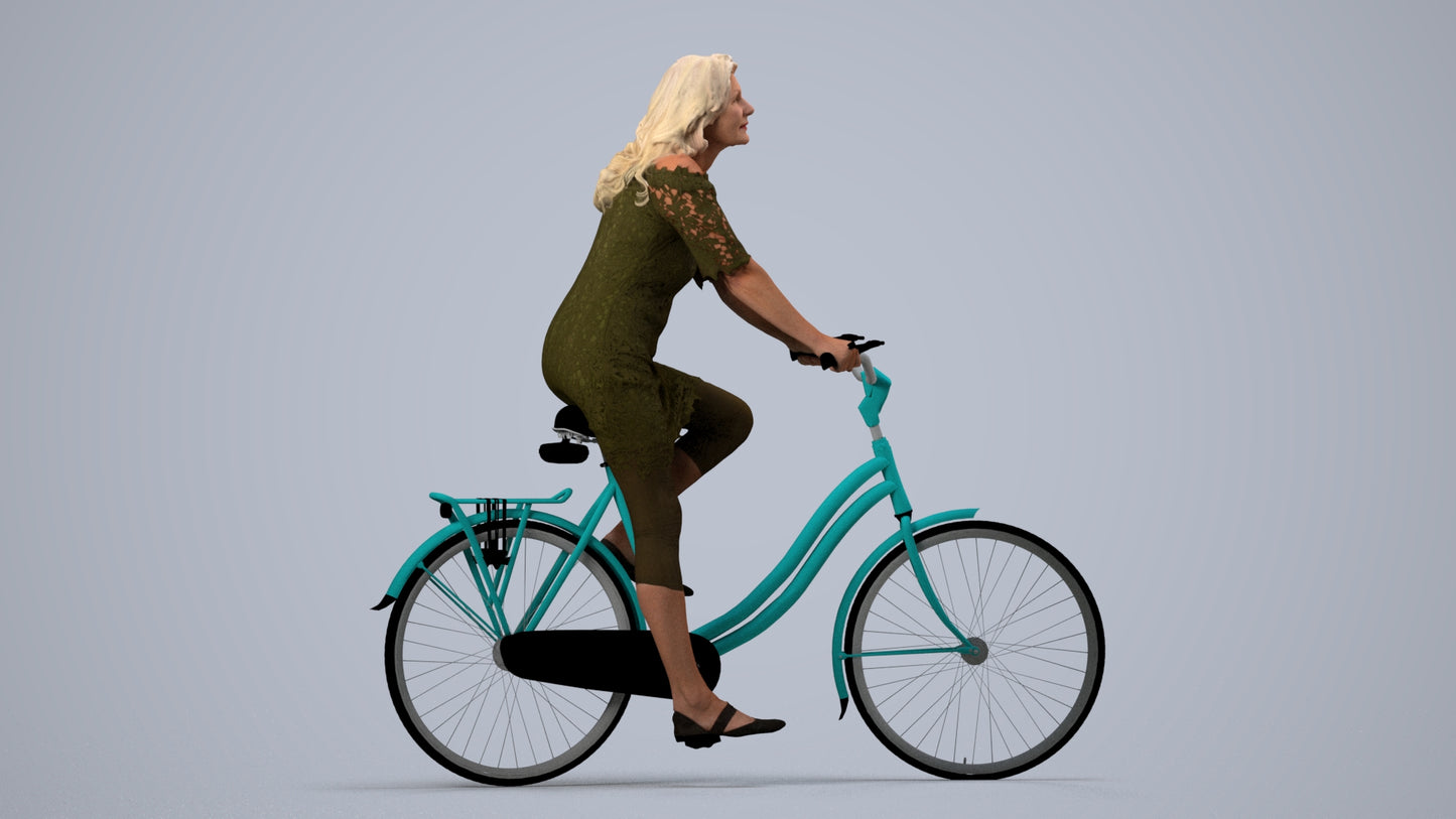 3D people model senior woman casual cycling, scanned human for 3ds Max rendering, side view render