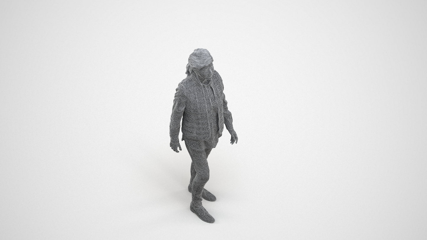 realistic 3D senior woman casual walking, scanned archviz people for Blender and 3ds Max, wireframe three-quarter view