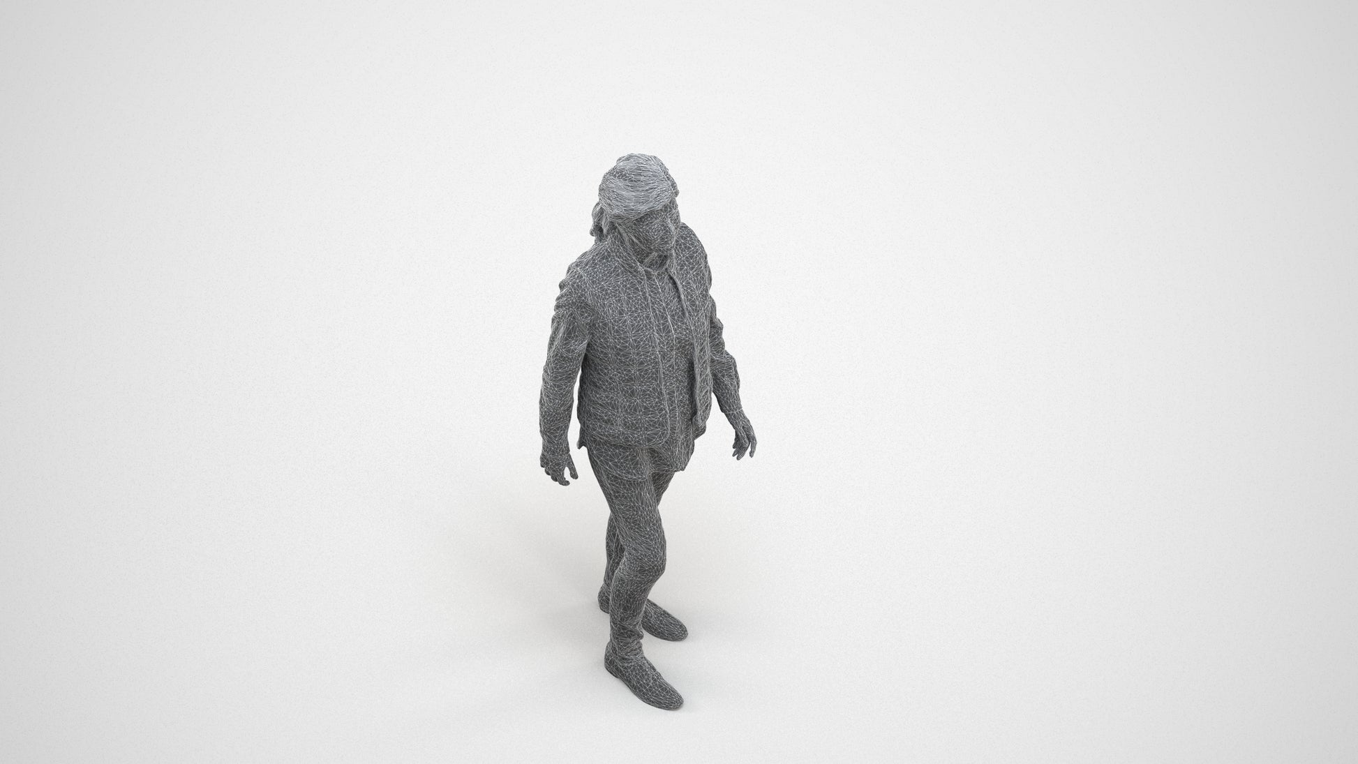 realistic 3D senior woman casual walking, scanned archviz people for Blender and 3ds Max, wireframe three-quarter view