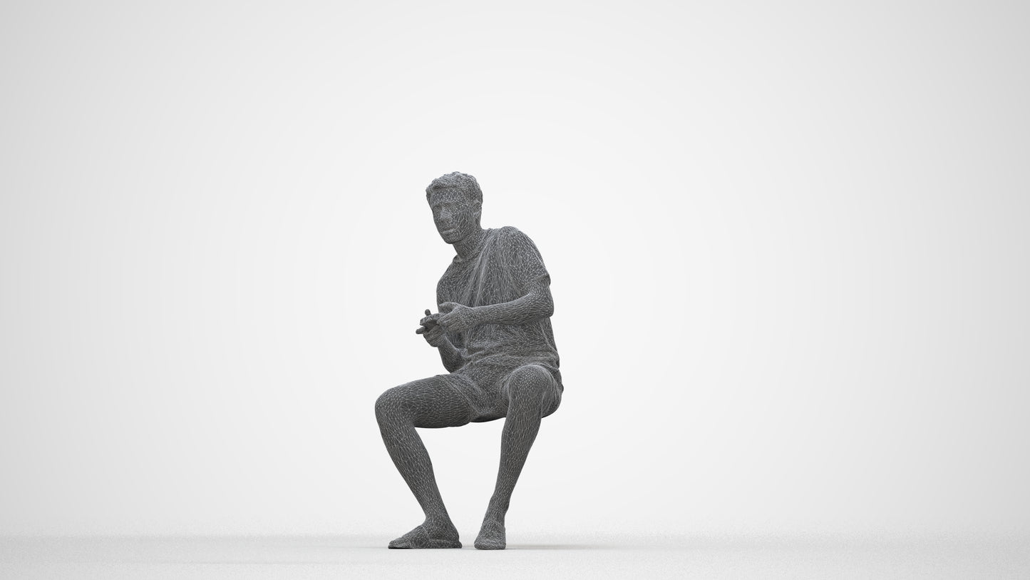 realistic 3D human man casual sitting, archviz people FBX OBJ for Blender, wireframe back view