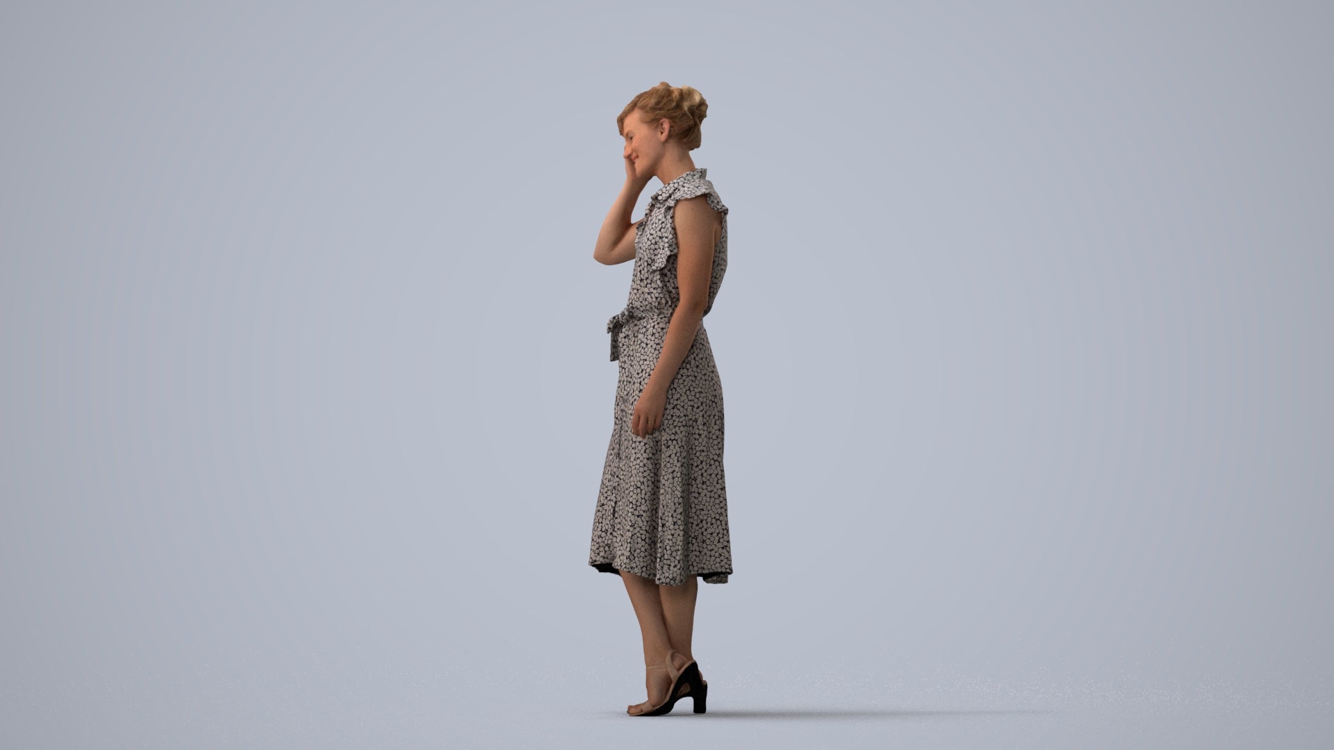 realistic 3D woman casual standing, scanned archviz people for Blender and 3ds Max, three-quarter view render