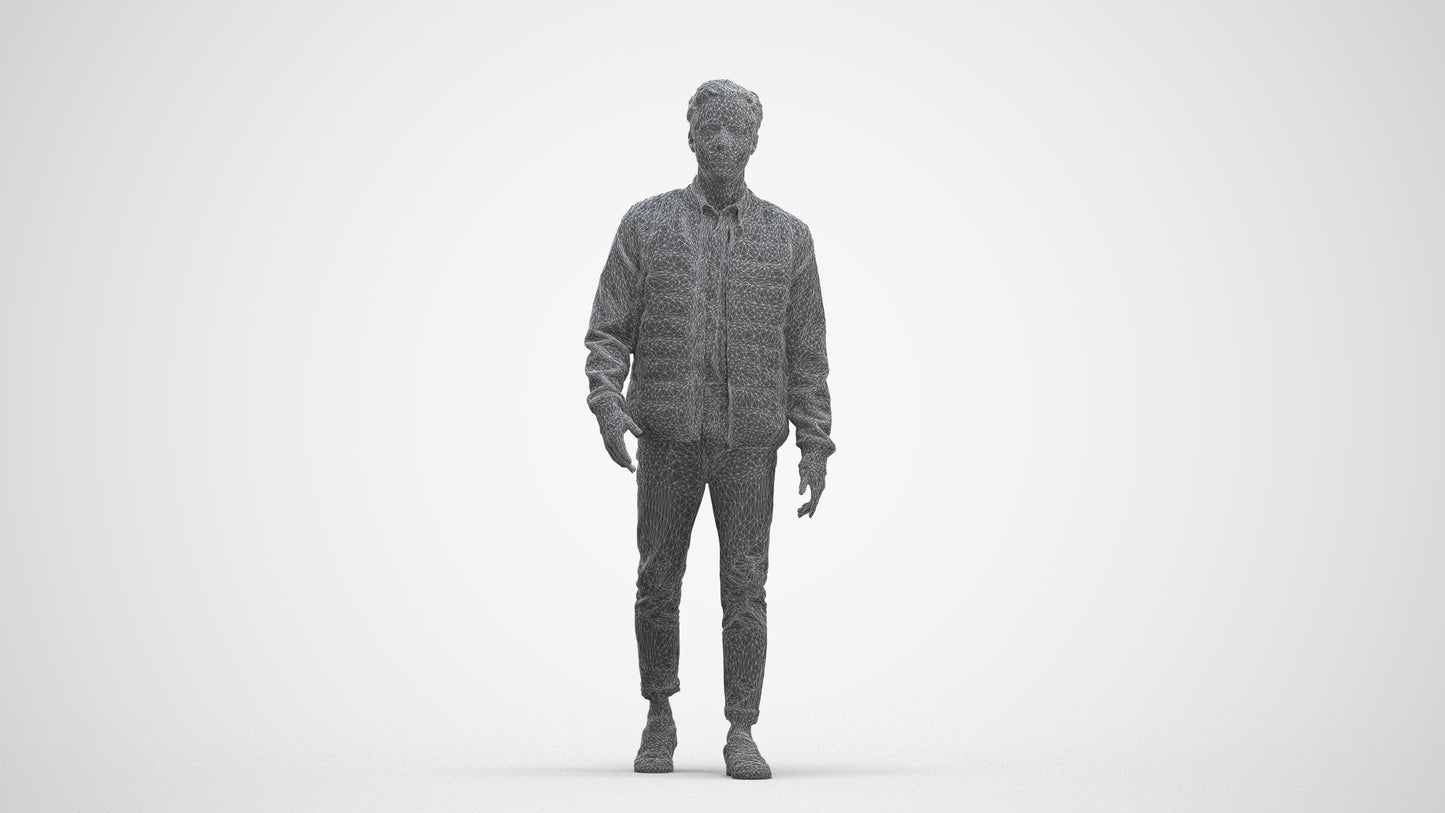 photogrammetry 3D man casual walking, realistic human model archviz FBX, three-quarter front view render