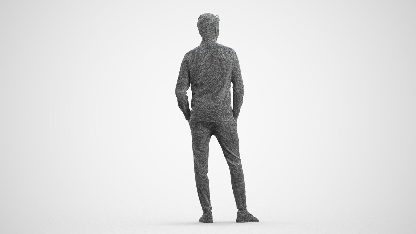 realistic 3D human man casual standing, archviz people FBX OBJ for Blender, wireframe front view