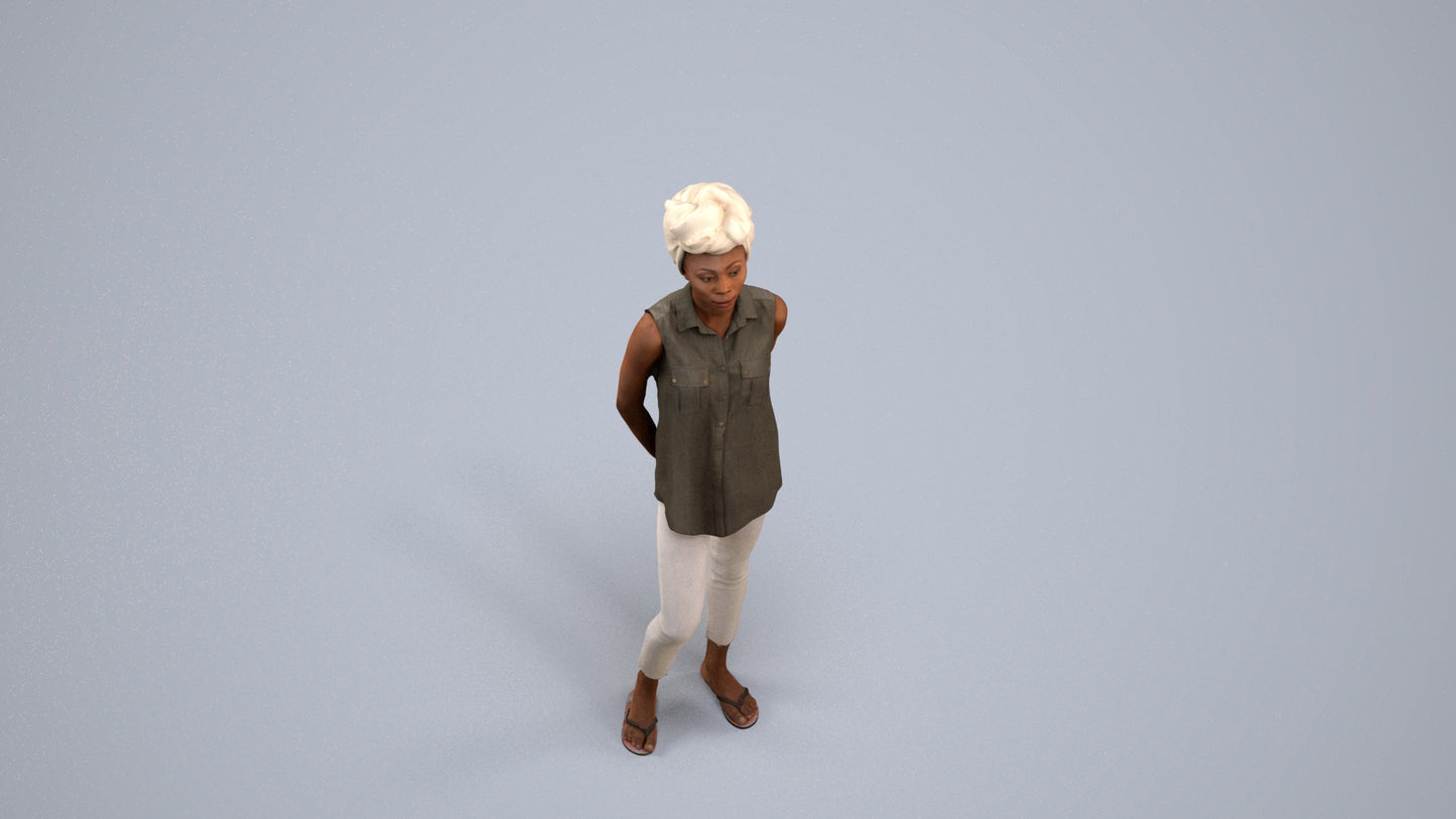 3D human model woman casual standing, photogrammetry scanned person for archviz, back view render