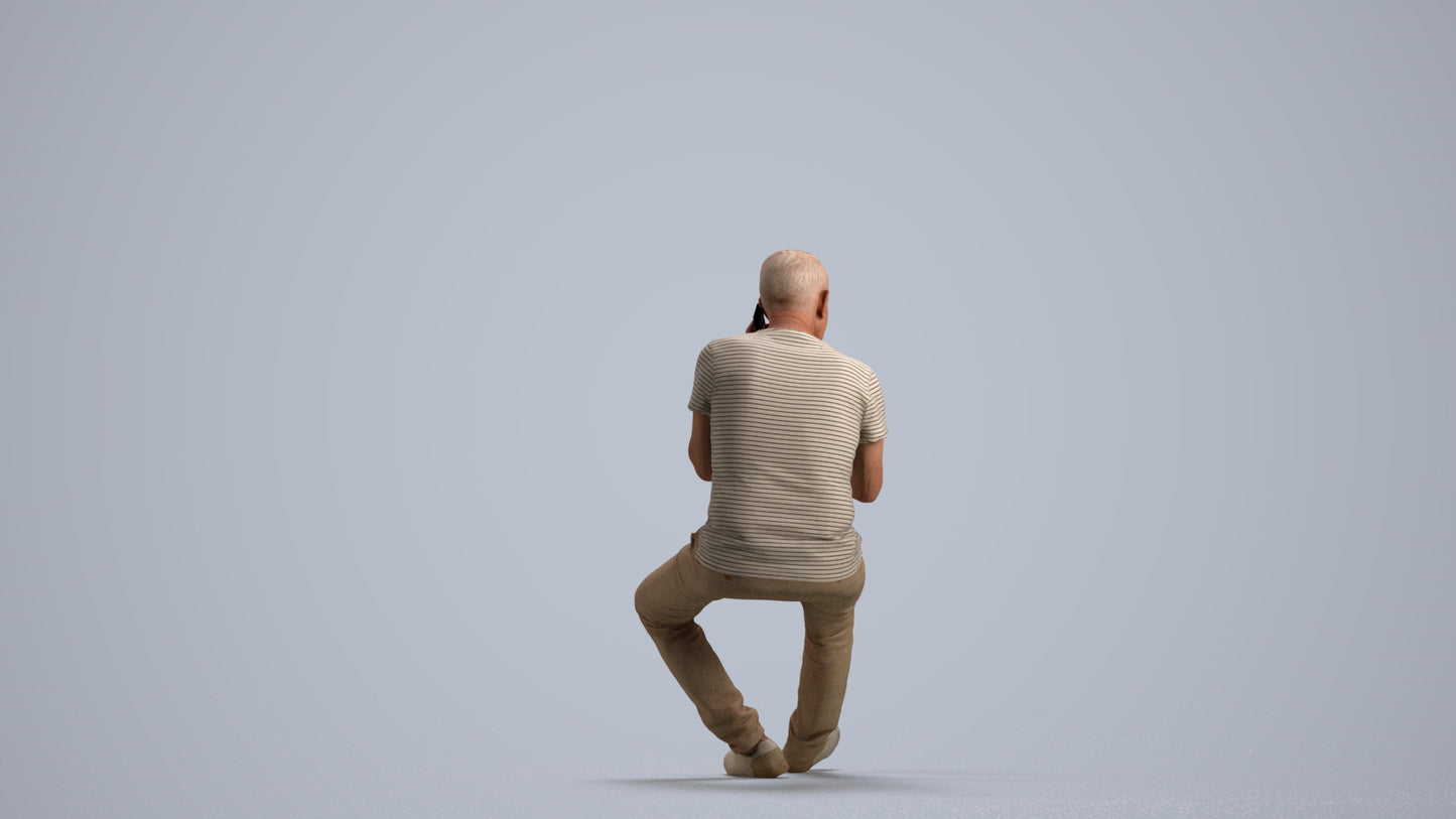 3D people model senior man casual sitting, scanned human for 3ds Max rendering, front view render