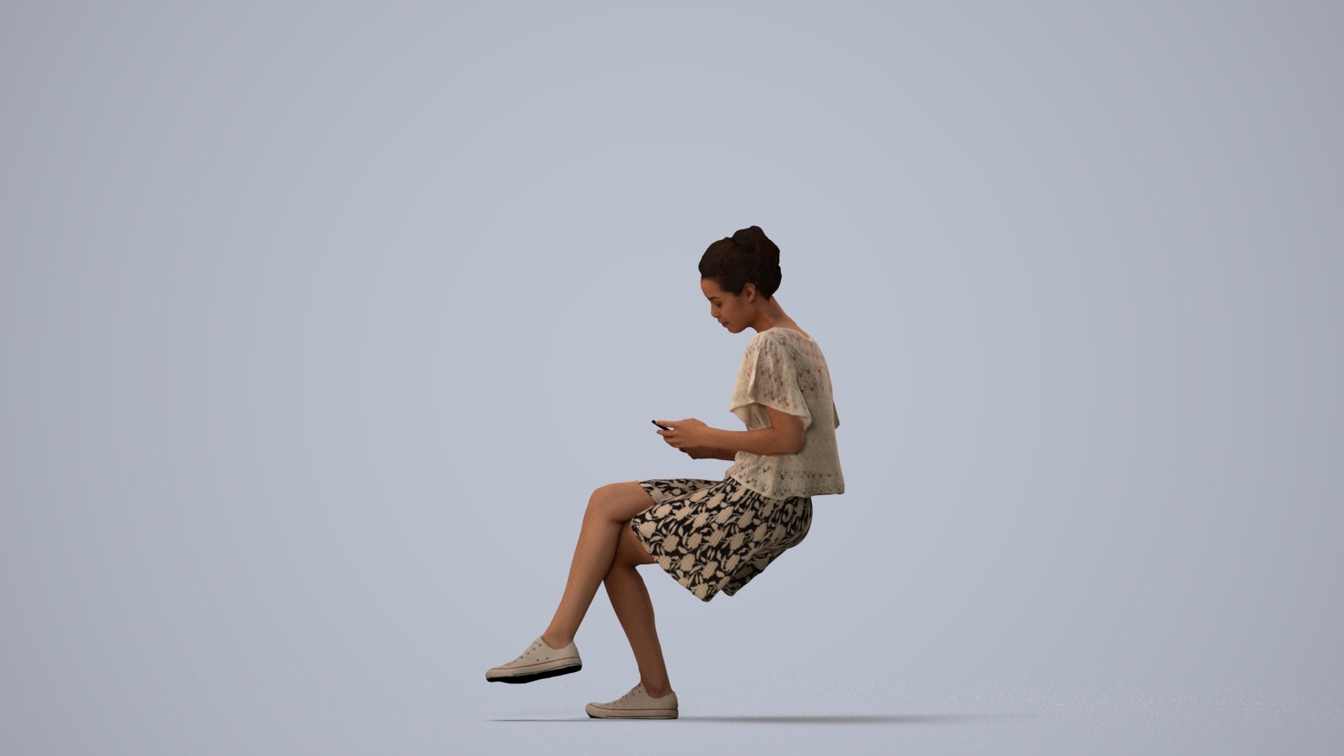 realistic 3D human woman casual sitting, archviz people FBX OBJ for Blender, three-quarter view render