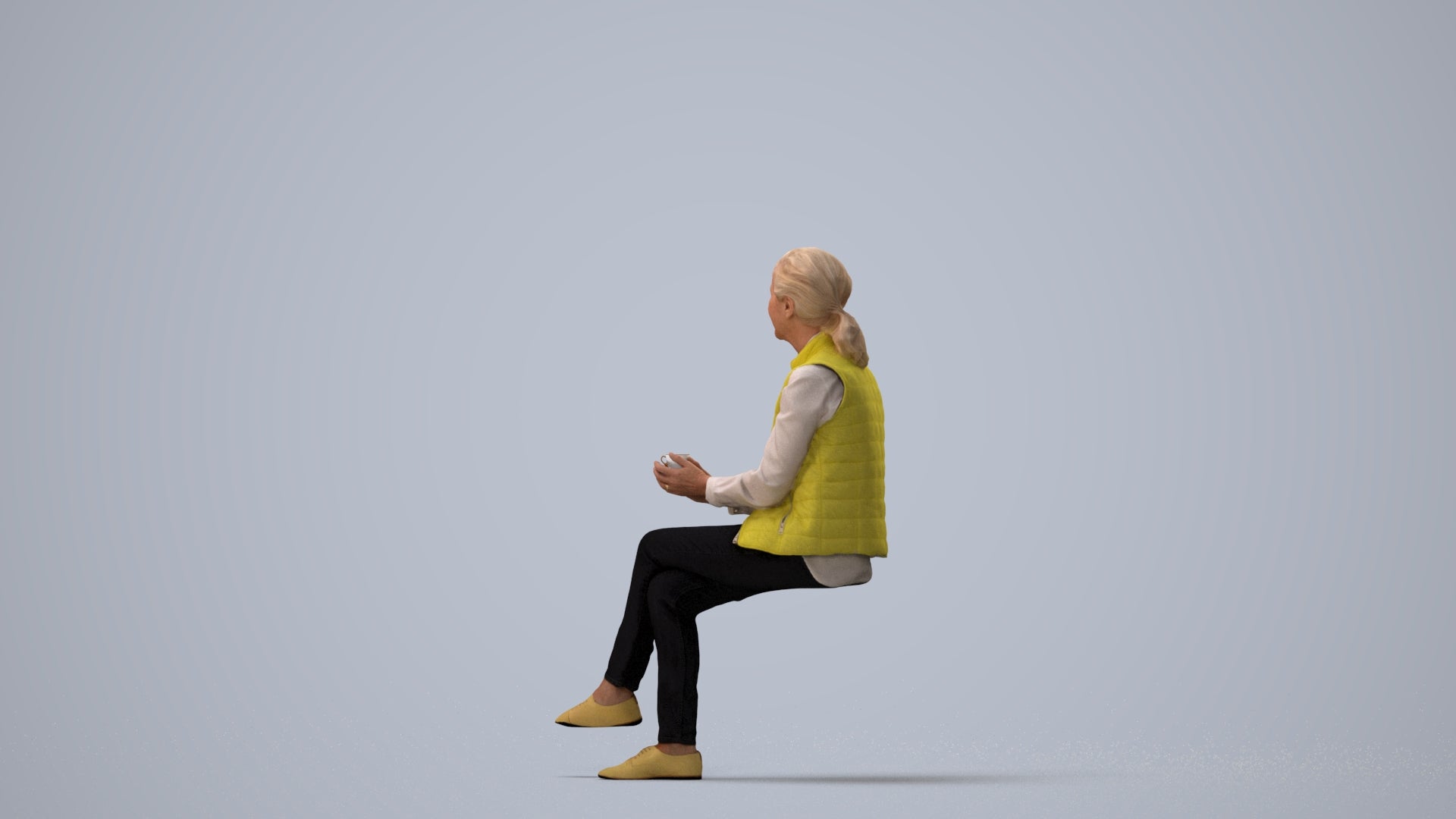realistic 3D people senior woman casual sitting, render-ready for V-Ray and Corona, FBX OBJ, three-quarter view render