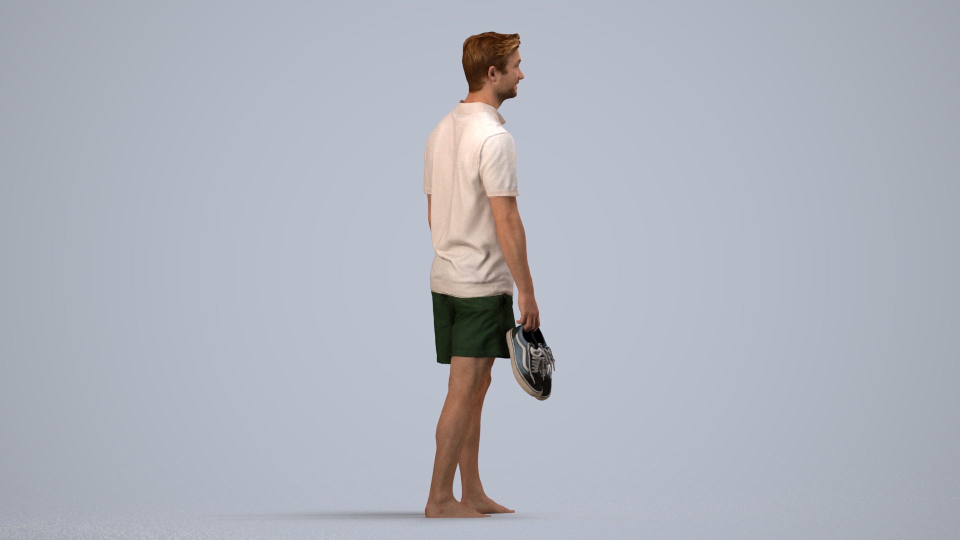 3D human model man casual walking, photogrammetry scanned person for archviz, side view render