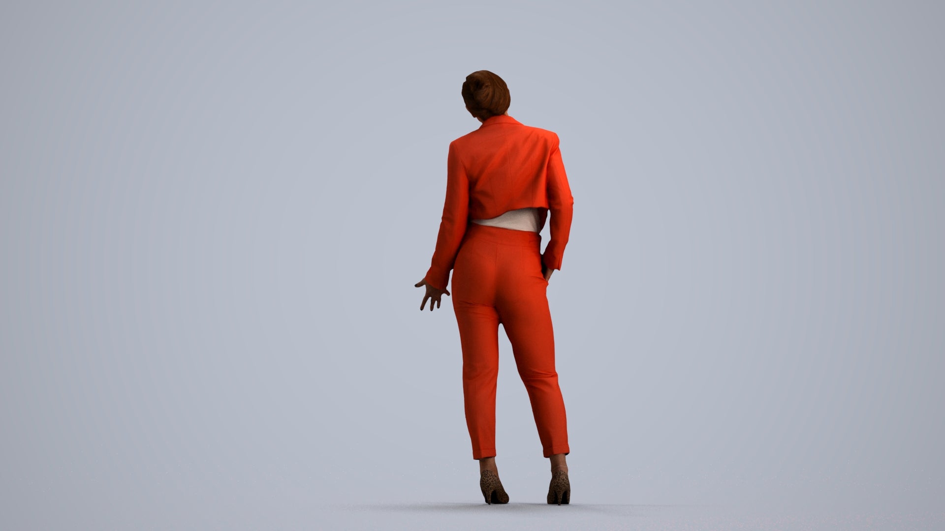 3D human model woman business, photogrammetry scanned person for archviz, front view render