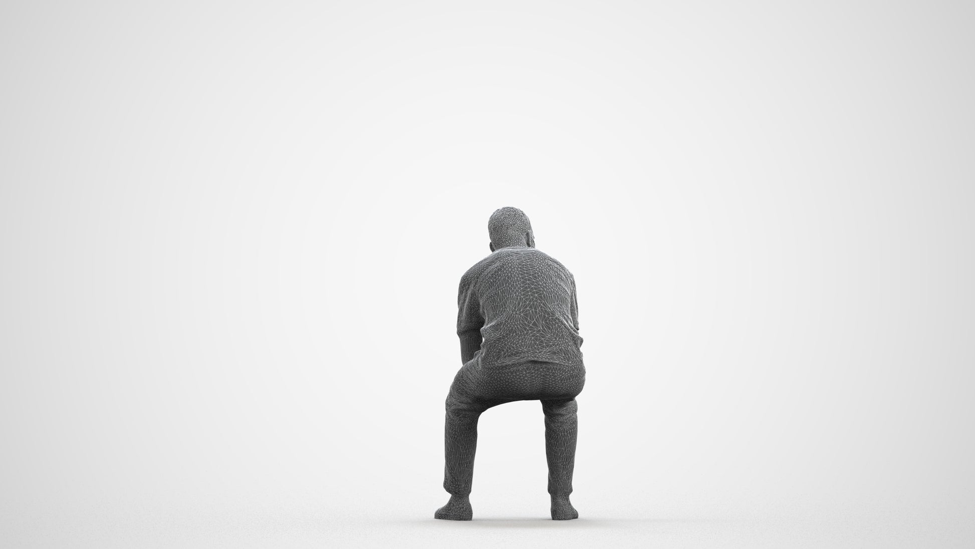 3D people model man casual sitting, scanned human for 3ds Max rendering, wireframe front view