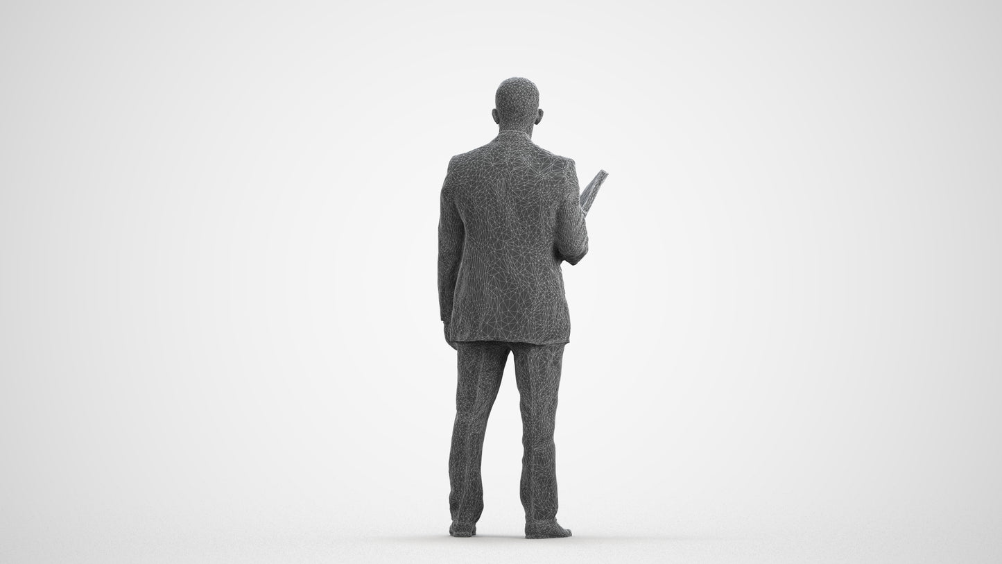3D scanned man business, photorealistic archviz people for Enscape and SketchUp, wireframe front view