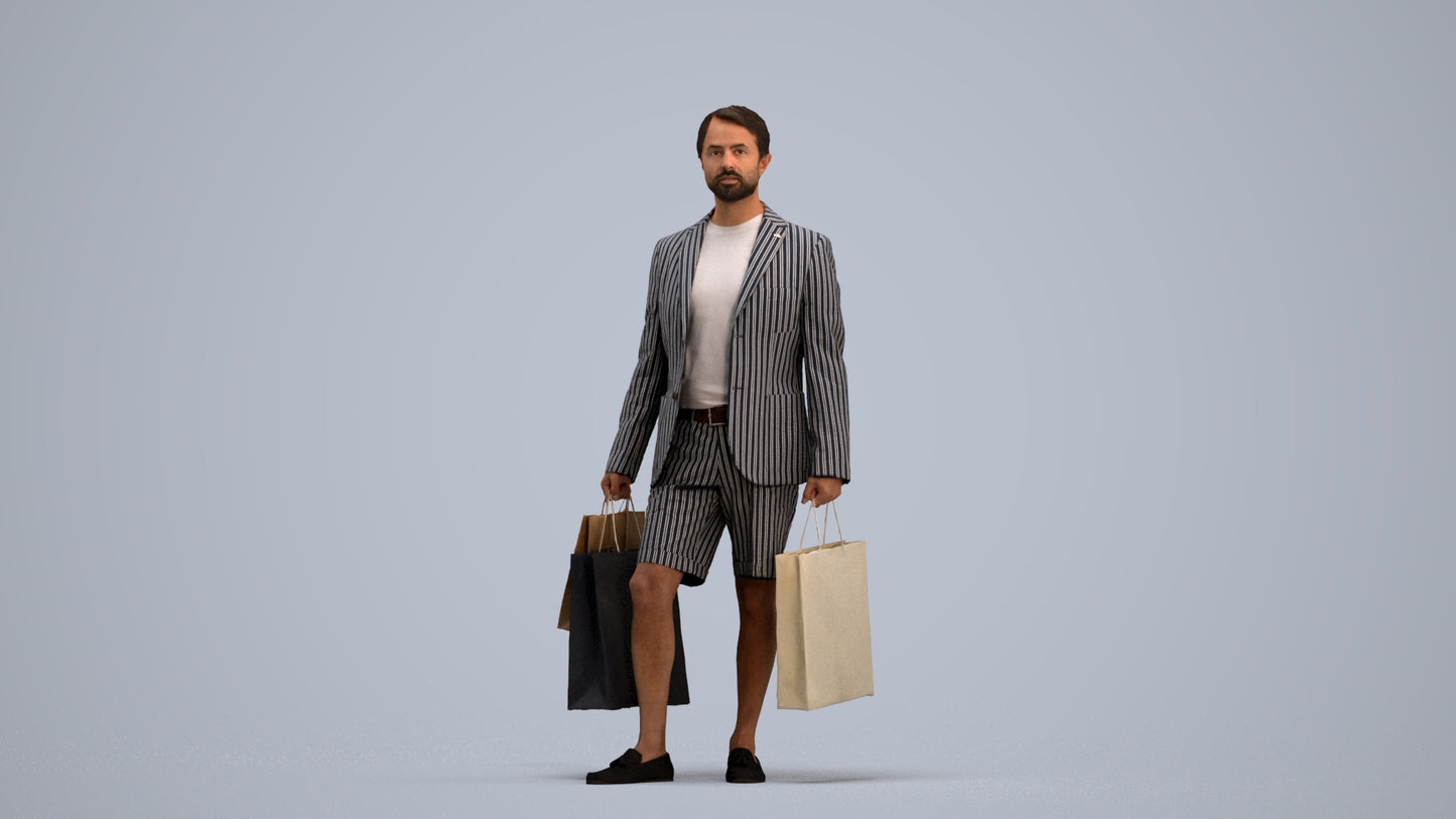 photogrammetry 3D man business shopping, realistic human model archviz FBX, standing pose render