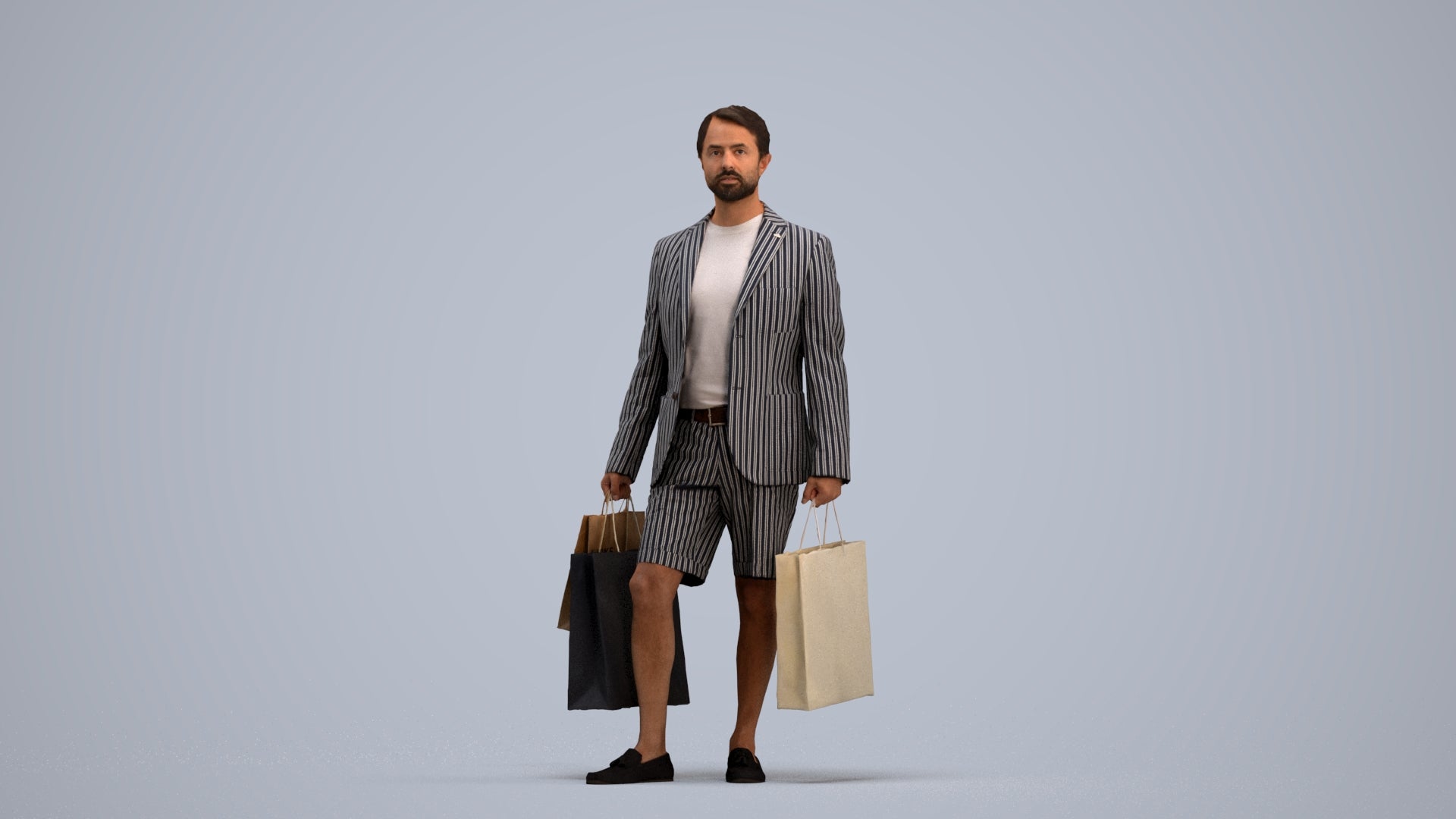 photogrammetry 3D man business shopping, realistic human model archviz FBX, standing pose render