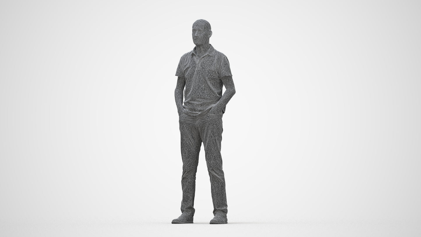 3D human model senior man casual standing, photogrammetry scanned person for archviz, wireframe back view