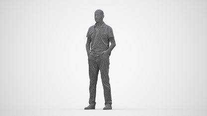 3D human model senior man casual standing, photogrammetry scanned person for archviz, wireframe back view
