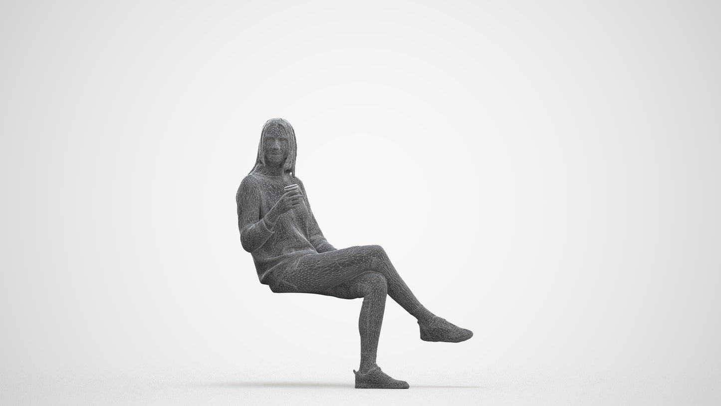 3D scanned woman sitting casual, photorealistic archviz people for Enscape and SketchUp, three-quarter front view render