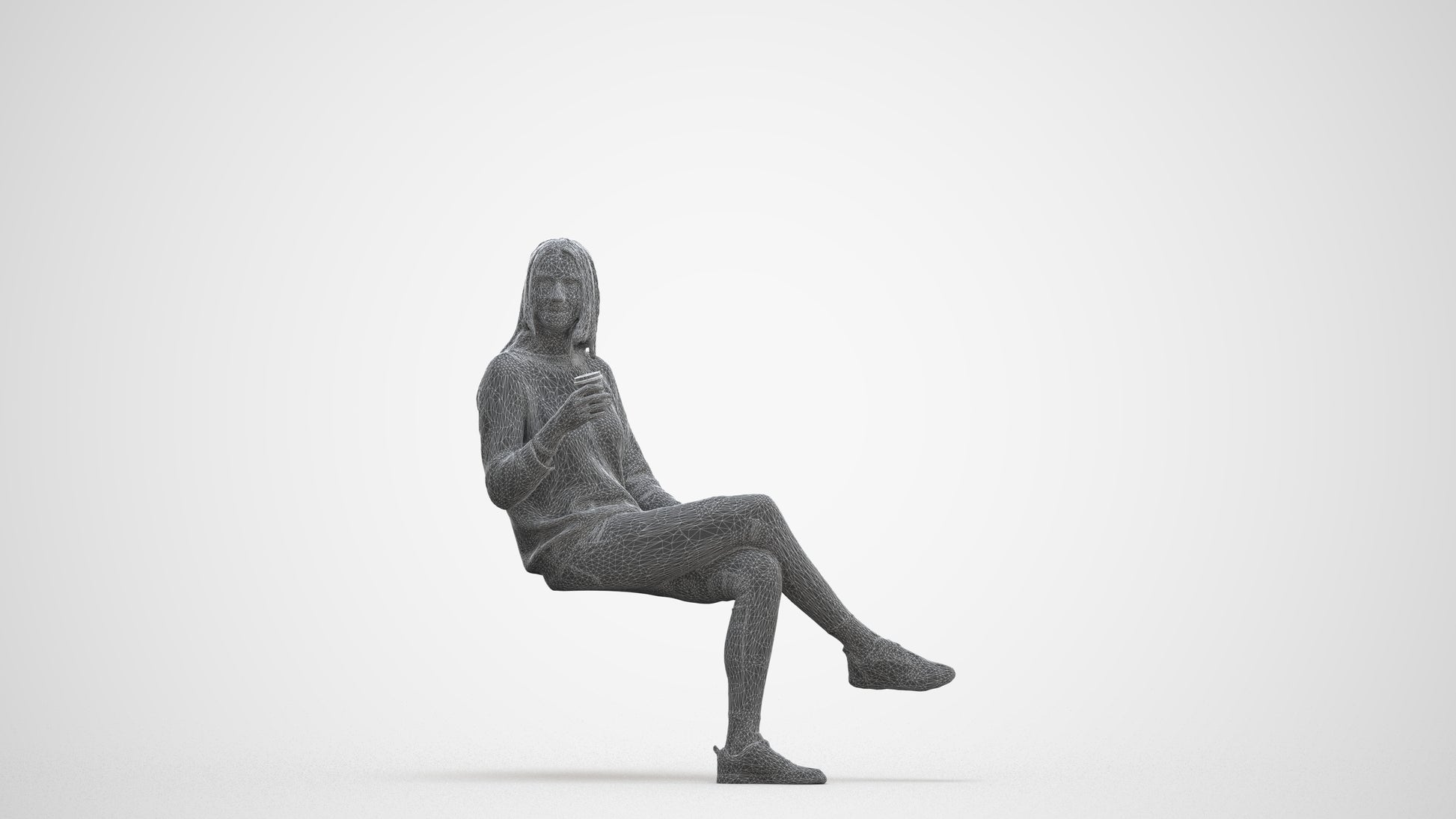 3D scanned woman sitting casual, photorealistic archviz people for Enscape and SketchUp, three-quarter front view render