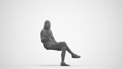 3D scanned woman sitting casual, photorealistic archviz people for Enscape and SketchUp, three-quarter front view render