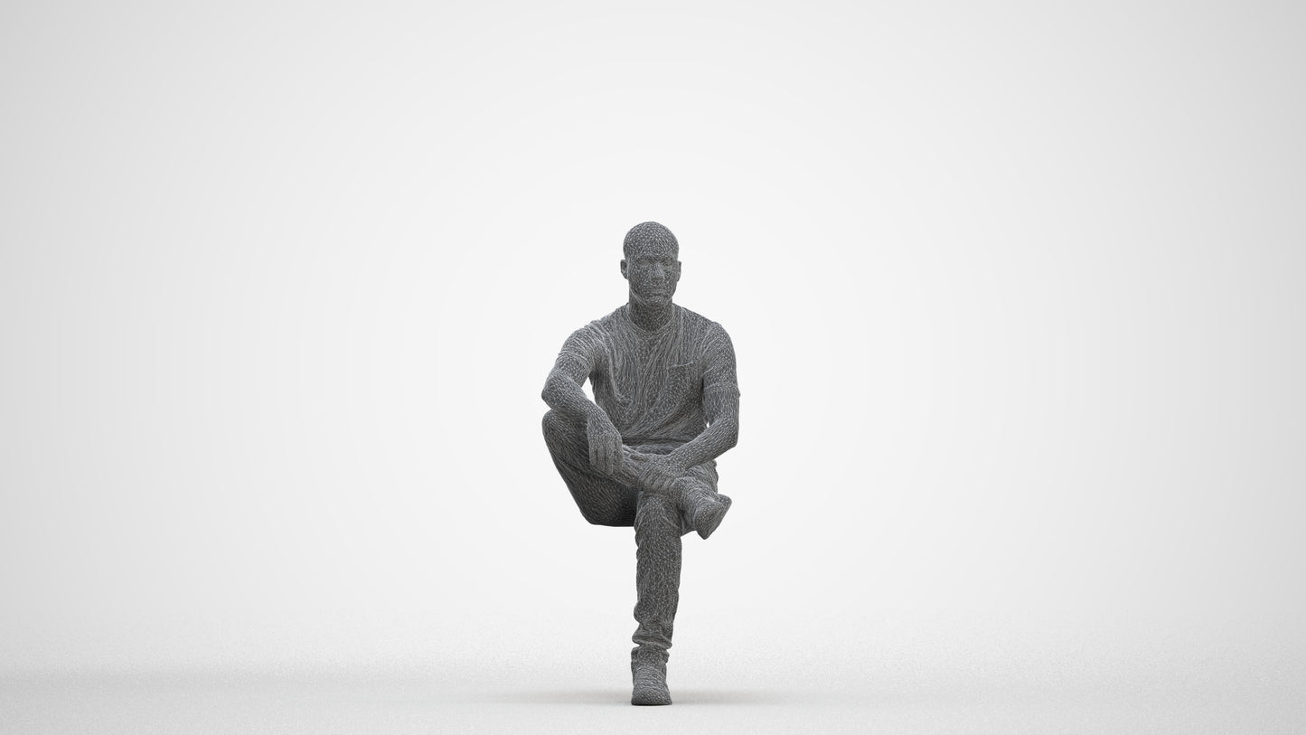3D human model man casual sitting, photogrammetry scanned person for archviz, three-quarter front view render