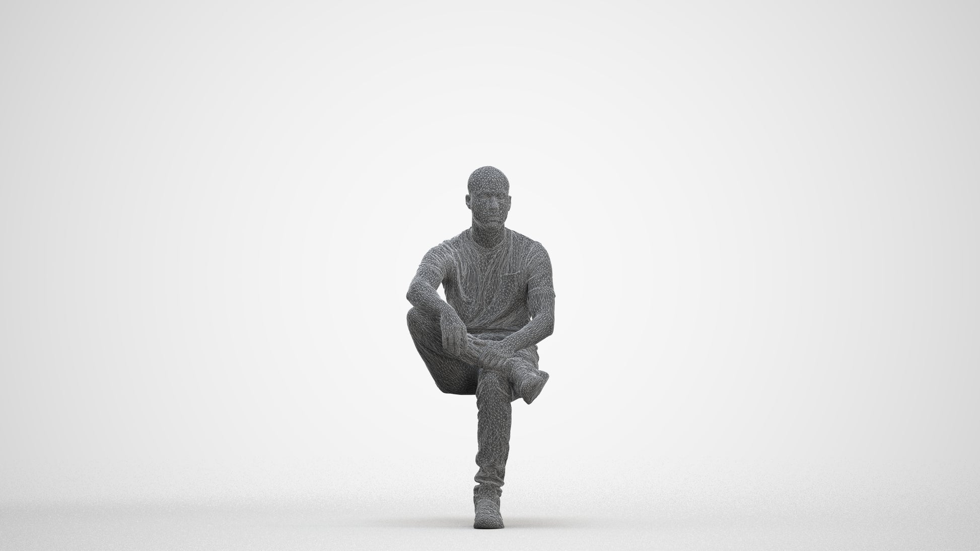 3D human model man casual sitting, photogrammetry scanned person for archviz, three-quarter front view render