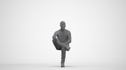 3D human model man casual sitting, photogrammetry scanned person for archviz, three-quarter front view render