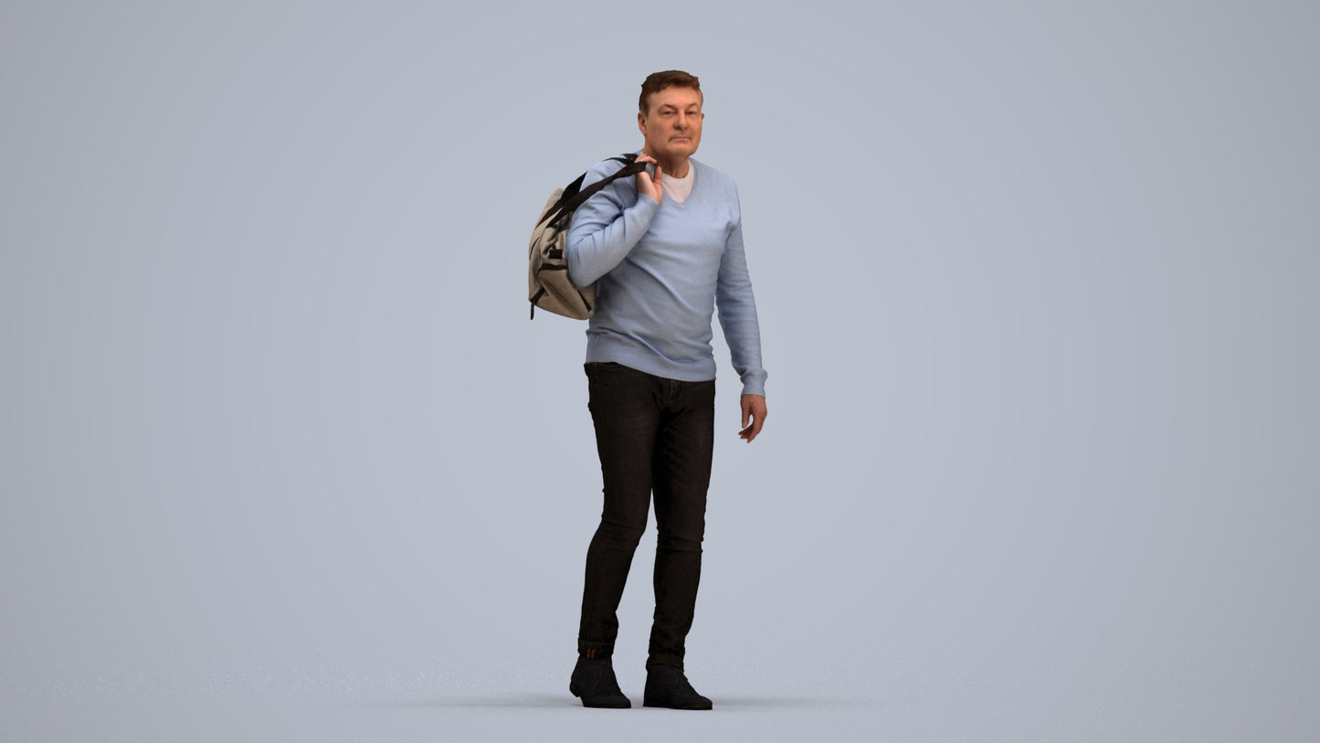 3D people model man casual walking, scanned human for 3ds Max rendering, standing pose render