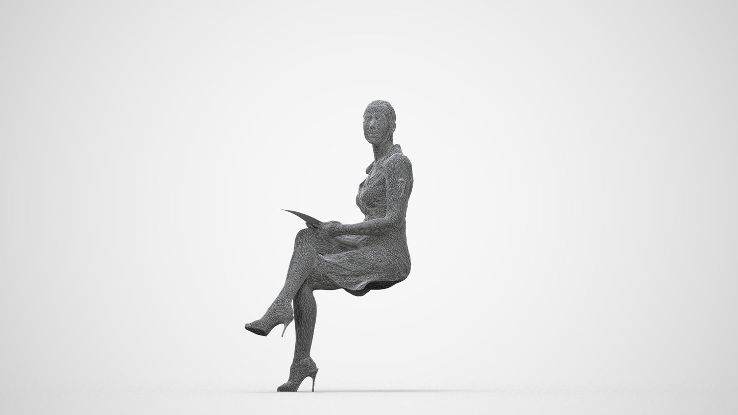 3D scanned woman sitting business, photorealistic archviz people for Enscape and SketchUp, wireframe back view