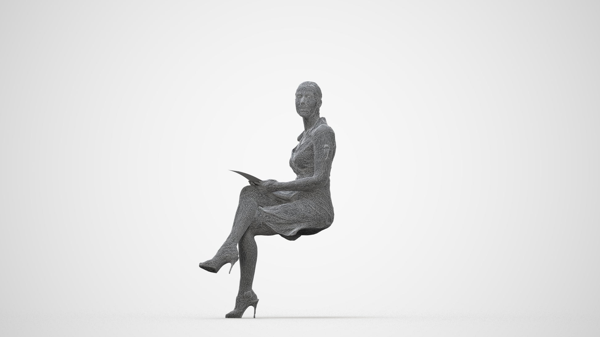 3D scanned woman sitting business, photorealistic archviz people for Enscape and SketchUp, wireframe back view