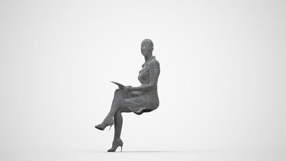 3D scanned woman sitting business, photorealistic archviz people for Enscape and SketchUp, wireframe back view