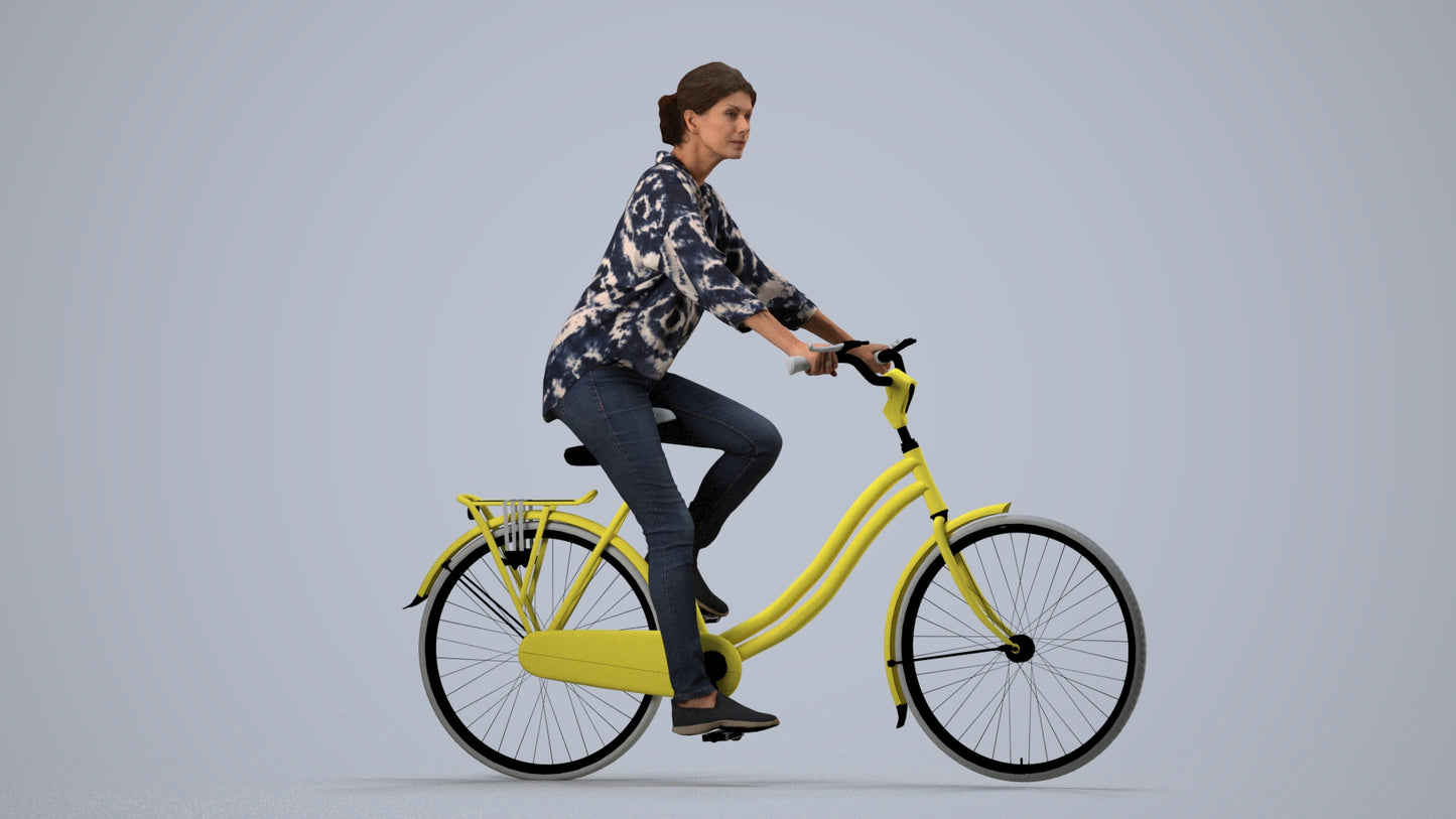 photogrammetry 3D woman casual cycling, realistic human model archviz FBX, side view render